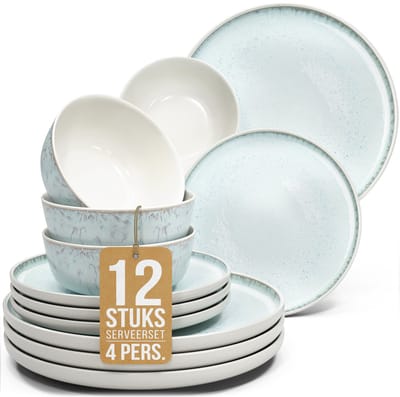 Pure Living Ibiza Light 12-Delig Serviesset - Beigeblauw - Krasbestendig Aardewerk - 4 Personen - Magnetronbestendig