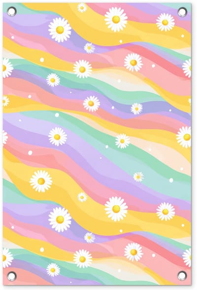 Tuinposter 40x60 cm - Tuindecoratie Madeliefjes - Kleurrijk - Pastel - Vrolijk - Poster voor in de tuin - Buiten decoratie - Schutting tuinschilderij - Tuindoek muurdecoratie - Wanddecoratie balkondoek