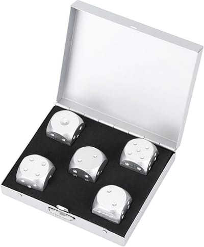 Dailygoods- Dobbelstenen Set 5 Stuks - Aluminiumlegering - Opbergdoos - Tafelspellen - Roestvrij - Duurzaam - Luxe Kleuren - Dobbelsteenset