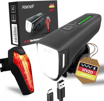Fietsverlichtingset StVZO-gecertificeerd met USB-C Opladen en IPX5 Waterproof Voor- en Achterlicht