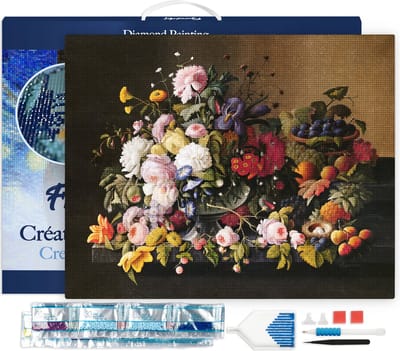 Figured'Art Diamond Painting set Volwassenen 40x50 cm met lijst Bloemen en Fruit - Severin Roesen - 5D DIY Art full drill vierkante diamant - Canvas al ingelijst