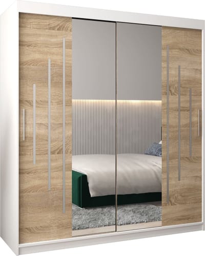 InspireMe - Kledingkast met 2 schuifdeuren, Modern-stijl, Een kledingkast met planken en een spiegel (BxHxD): 180x200x62 - MALTESE I 180 Wit Mat + Sonoma Eik