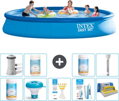 Intex Rond Opblaasbaar Easy Set Zwembad - 457 x 84 cm - Blauw - Inclusief Pomp - Chloor - Chloordrijver - Testrips - Reparatiesetje - Scrubborstel - PH-min - PH-plus - Thermometer - 10-delig