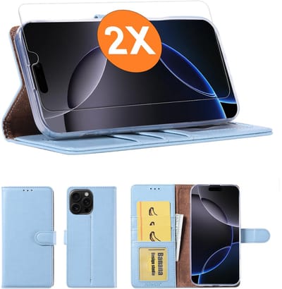 Hoesje geschikt voor iPhone 16 Pro Max hoesje Blauw pasjeshouder telefoon hoes - Met screenprotector tempered glass voor iPhone 16 Pro Max - 2x