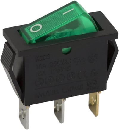 5x Verlichte Wipschakelaar SPST OFF-ON - Rocker Switch 250VAC 16A / 125VAC 20A - Inbouw Schakelaar Met Groene Verlichting - 3-Pins Aansluitingen 6,3mm - Snap-In Paneelmontage - Inbouwopening 28x10,5mm - Verkoopeenheid 5 Stuks [09050ZO]