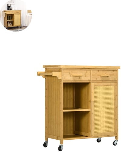 Keukeneiland - Verplaatsbaar - Keukenkast - Dressoir - Organizer - Kasten - Houten Werkblad - Natuurlijk