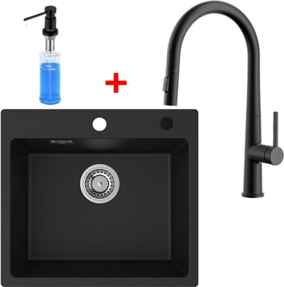 CECIPA Max Spoelbak Zwart 50x45CM - Graniet Spoelbakken Keuken Met C-uitloop Keukenkraan - Enkele Spoelbak Met Zeepdispenser 300ML - Spoelbakken Incl. Sifon en Afvoerzeefje