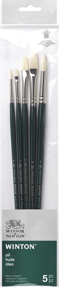 Winsor & Newton 5990611 Winton Oliepenselen Set – 5 Lange Penselen voor Olieverf (Rond, Flat & Filbert / Varkenshaar- Rond 2, Rond 6, Short Flat Bright 2, Plat 6 en Filbert 4)