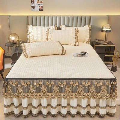 Donkerblauw Luxe Kant Winter Sprei Dik Huis Bed Rok-stijl Hoeslakens Borduurwerk Katoen Europees-stijl Spreien 180x200cm  3pcs