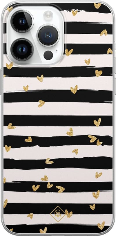Casimoda® hoesje - Geschikt voor iPhone 14 Pro Max - Hart Streepjes - Siliconen/TPU telefoonhoesje - Backcover - Gestreept - Zwart