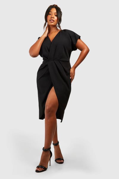 boohoo Dames Plus Wrap Front Midi Jurk | Black | Maat: 16