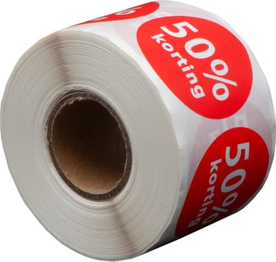 500 Etiketten Rond 50% korting Rood - 35 mm op Rol - Kortingssticker - Reclame sticker - Ronde stickers - DULA