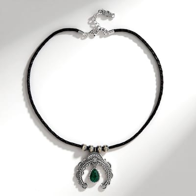 Cavill - Halsketting met 6,075 ct Chrysokoll Peervorm Cabochon - Geoxideerd 925 Sterling Zilver - Verstelbaar Leren Koord - Boho Chic Desert Chic
