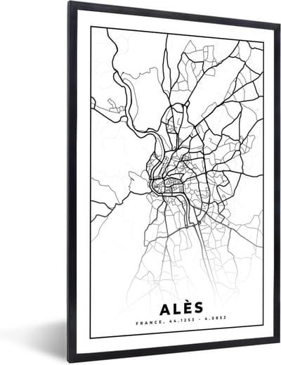 Fotolijst incl. Poster Zwart Wit- Alès - Kaart – Plattegrond – Frankrijk – Stadskaart - Zwart wit - 40x60 cm - Posterlijst