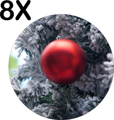 Luxe Ronde Placemat - Rode Kerstbal in Besneeuwde Boom - Set van 8 Placemats - 50x50 cm - 2 mm dik Vinyl - Anti Slip - Afneembaar