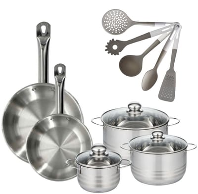 Fackelmann 9217950 Set van 2 RVS Pannen 24/28 cm Etherna & 3 RVS Kookpotten 16/20/24 cm PFAS-vrij met 5 Keukengerei