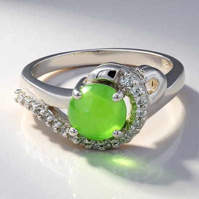 Cavill - Zilveren ring - 925 Sterling zilver met 0,6 ct keizerlijk chrysopraas en 0,199 ct pavé witte topaas - Ronde cabochon, elegant design, maat 17