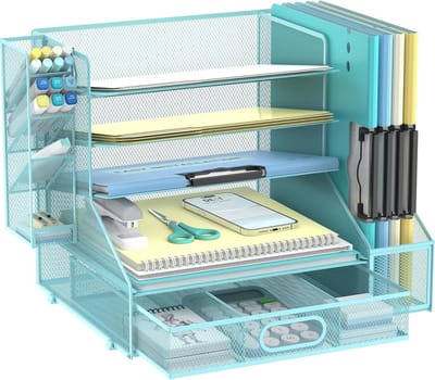 Bureau Organizer - Papier Organizer - Kantoor Organiseren - Met 3 Pennenhouders - 13 x 9.25 x 15.6 inch - Blauw