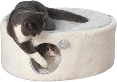 Verhoogd kattenmand voor binnenkatten - Gesloten kattenhuis, grote zachte schuilplek met wasbare hoes en luxe kussen, eenvoudig te monteren, 60x45x27cm