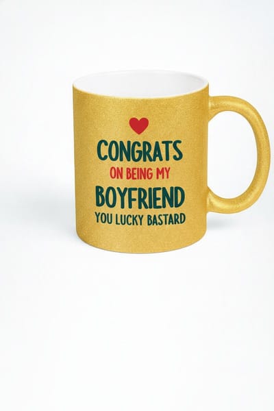 Gouden Glitter Mok | Grappig Cadeau Vriend | "Congrats My Boyfriend You Lucky Bastard