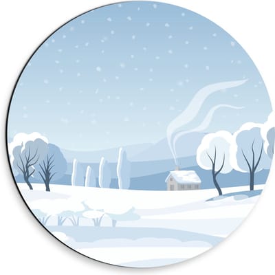 Dibond Muurcirkel - Tekening - Bomen - Huisje - Sneeuw - Wit - 30x30 cm Foto op Aluminium Muurcirkel (met ophangsysteem)