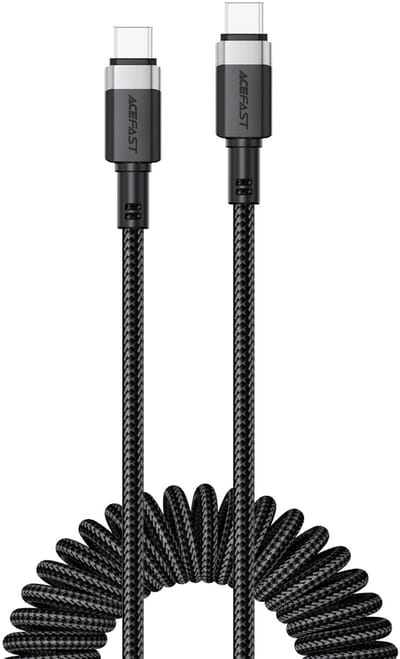 Acefast - USB-C naar USB-C Kabel - Krulsnoer - Uitrekbare oplaadkabel - Universele oplaadkabel - 1.2 M - 480Mb/s - Zwart