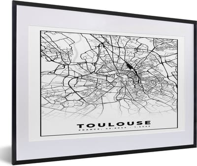 Fotolijst incl. Poster Zwart Wit- Kaart - Stadskaart - Frankrijk - Toulouse - Plattegrond - Zwart wit - 60x40 cm - Posterlijst