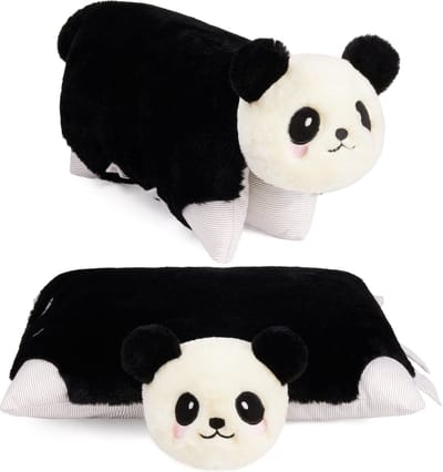BRUBAKER Knuffelkussen Panda - 2 in 1 Pluche en Knuffelkussen - 40 x 30 cm Knuffel Panda - Opvouwbaar Pluche Kinderkussen met Klittenbandsluiting - Kussen Panda Knuffeldier - Zwart Wit