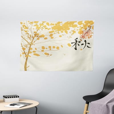 ABAKUHAUS Zen Garden Wandtapijt, Hiëroglief Abstract, Woonkamer Slaapkamer Wanddoek Zijdezacht Satijn Tapijt, 150 x 100 cm, Lichtoranje Lichtbruin