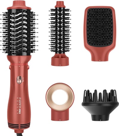 Haardroger Warmluchtborstel - Föhnborstel Styling Set - Haar Drogen Stylen - Vijf Opzetstukken - 1100 Watt Vermogen - Koraal