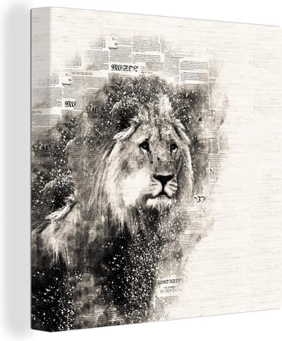 Canvas Schilderij Leeuw - Krant - Zwart - Wit - 90x90 cm - Wanddecoratie