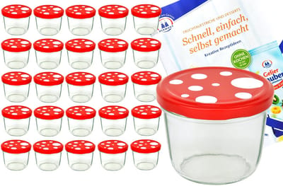 Set van 25 bekers 230 ml To 82 paddenstoeldeksel rood wit gestippeld incl. Diamant Gelierzauber receptenboekje