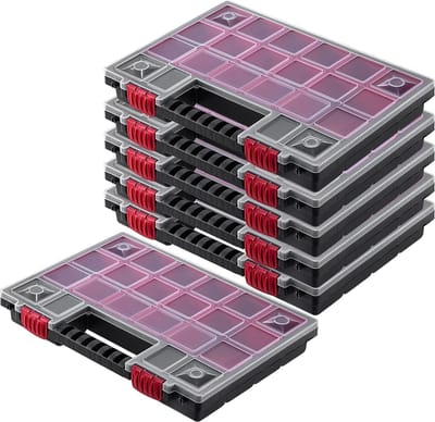 KADAX K6548 Organizer gereedschapskist van kunststof magazijn voor kleine onderdelen met transparant deksel magazijn voor kleine onderdelen in verschillende maten assortimentsdoos (34 x 25 cm 6 stuks)