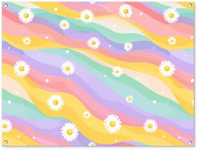 Tuinposter 120x90 cm - Tuindecoratie Madeliefjes - Kleurrijk - Pastel - Vrolijk - Poster voor in de tuin - Buiten decoratie - Schutting tuinschilderij - Tuindoek muurdecoratie - Wanddecoratie balkondoek