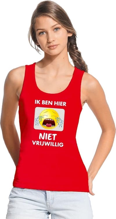Rood mouwloos feest shirt/ tanktop - Ik ben hier niet vrijwillig met emoticon voor dames S