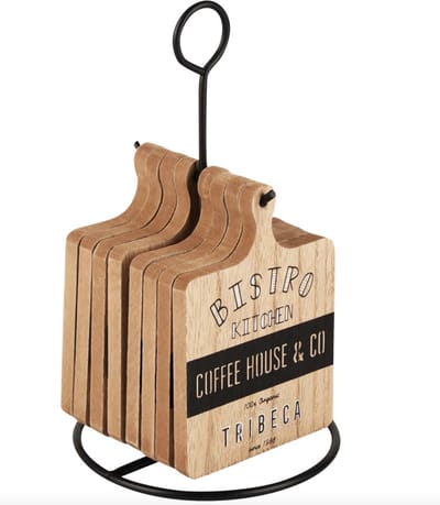 Set van 8 onderzetters hout Bistro naturel/zwart op staandaard 13x13x23cm| A225556 | Dekoratief