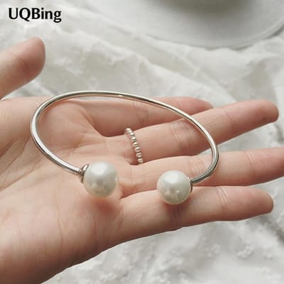 Mode Mooie 925 Sterling Zilveren Armbanden Gesimuleerde Parel Manchetarmbanden & Armbanden Dames Accessoires Srebrna Bransoletka white