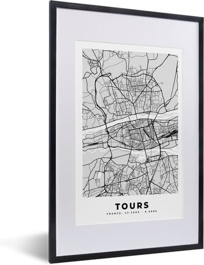 Fotolijst incl. Poster - Frankrijk - Plattegrond - Kaart - Tours - Stadskaart - 40x60 cm - Posterlijst