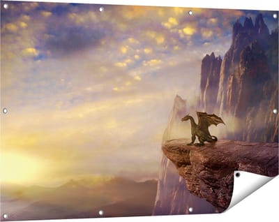 Gards Tuinposter Draak op een Rots bij Zonsondergang - 120x80 cm - Tuindoek - Tuindecoratie - Wanddecoratie buiten - Tuinschilderij