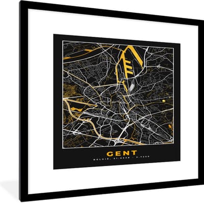 Fotolijst incl. Poster - Gent - Stadskaart - Plattegrond - Goud - Kaart - 40x40 cm - Posterlijst