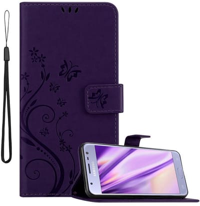 Cadorabo Hoesje geschikt voor Samsung Galaxy J3 2017 in BLOEMEN DONKER PAARS - Beschermhoes in bloemmotief met magnetische sluiting, standfunctie en kaartsleuven Book Case Cover Etui
