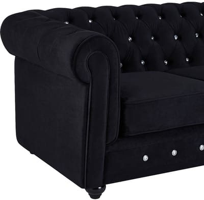 Vente-unique Dreizits-, tweezitsbank en fauteuil van zwart velours met kristalknopen – CHESTERFIELD