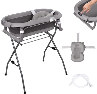 moovkee. Opvouwbaar Babybad met Standaard 80 cm Donkergrijs – Babybadje met Thermometer, Badkussen & Afvoersysteem – Veilig Babybad voor Pasgeborenen