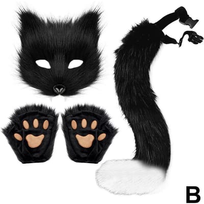 Pluizige Vacht Staart Masker Handschoenen Kattenpoten Handen Handschoenen En Wolf Therian Masker Set Voor Halloween Cosplay Kostuum Feest Accessoires black
