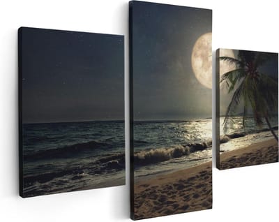 Artaza Canvas Schilderij Drieluik Tropisch Strand In De Nacht Met Volle Maan - 90x60 - Foto Op Canvas - Canvas Print
