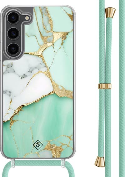 Casimoda® hoesje met mintgroen koord - Geschikt voor Samsung S23 Plus - Marmer Mintgroen - Afneembaar koord - TPU/polycarbonaat - Mint