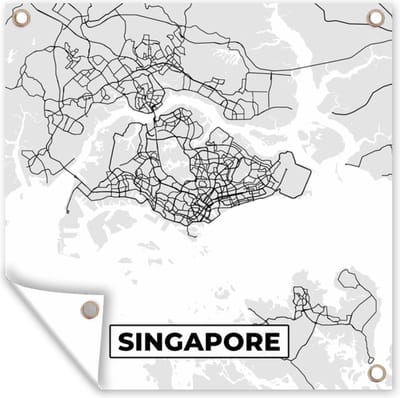 Tuin poster Singapore - Plattegrond - Stadskaart - Zwart Wit - Kaart - 200x200 cm - Tuindoek