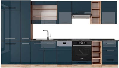 Vicco Fame-Line Complete keukeneenheid – 355 cm, WB Antraciet Donkerblauw hoogglans/gouden eik
