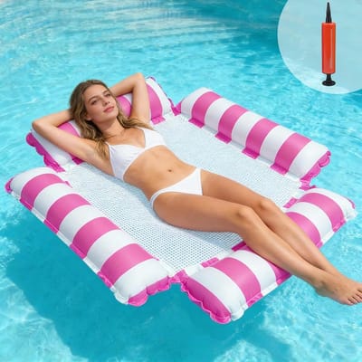Zwembadstoel, drijvende hangmat, 4-in-1, rosé luchtmatras, zwembad, opblaasbare waterhangmat, zwembed, hangmat, water met net en opblaasbare pomp, ligmat voor volwassenen