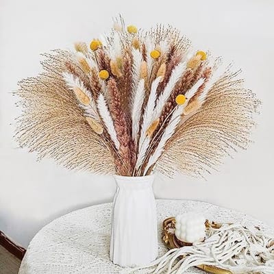 Gedroogde Pampas Grassen Set - 75 Stuks Natuurlijk Pluizig voor Boho Decoratie in Woonkamer, Eettafel en Bruidsboeket